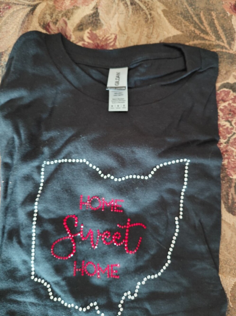 Gildan Black Tee with Red and White Rhinestone Heart Script